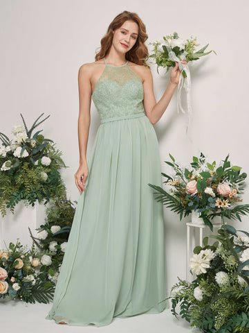 Carlyna Vestido de dama de honor línea A escote ilusión hasta el suelo Verde Salvia #color_verde-salvia