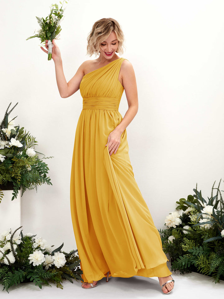 Carlyna Vestido de dama de honor línea A fruncido un hombro longitud hasta el suelo Amarillo Mostaza 