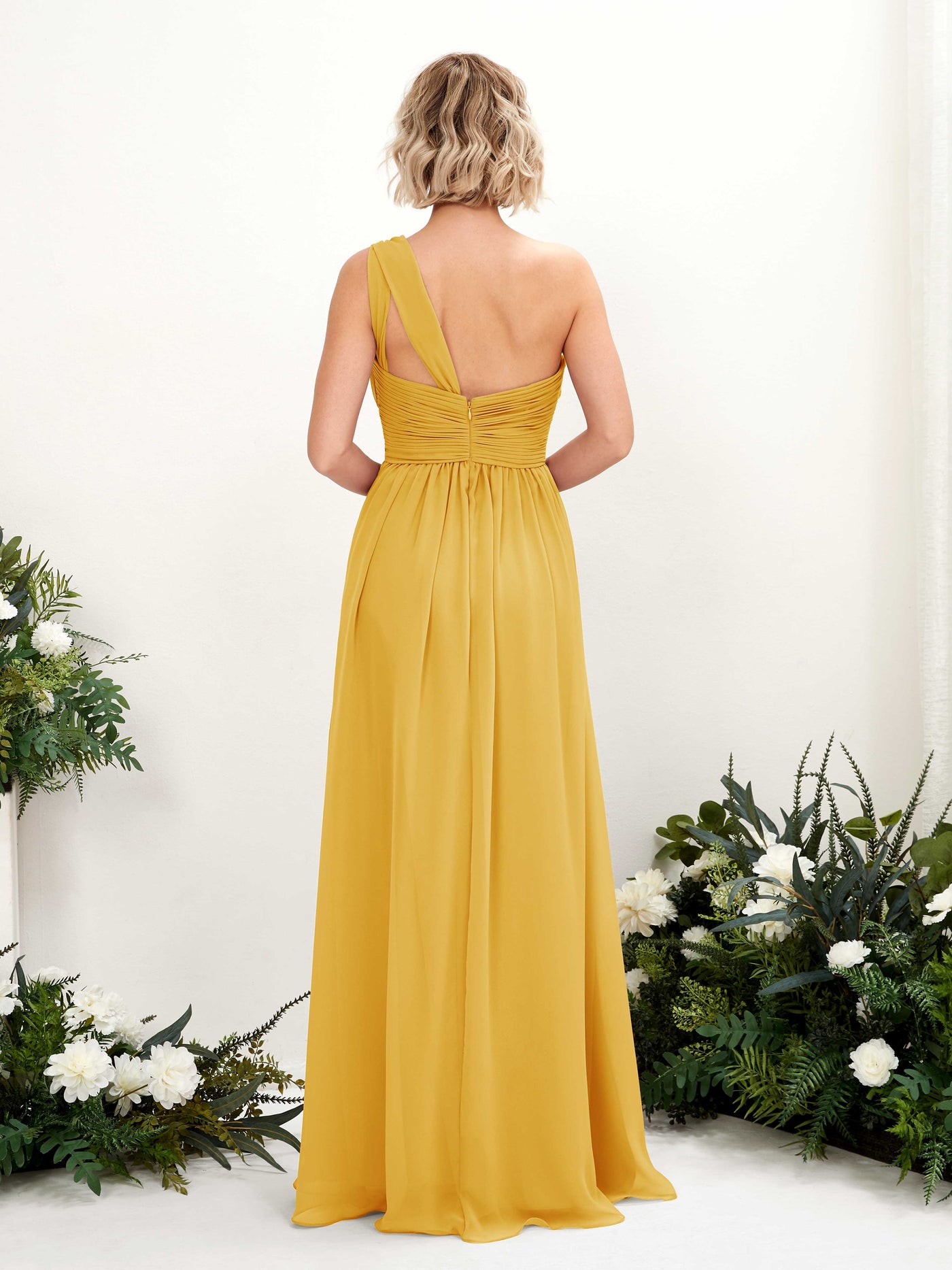 Carlyna Vestido de dama de honor línea A fruncido un hombro longitud hasta el suelo Amarillo Mostaza #color_amarillo-mostaza