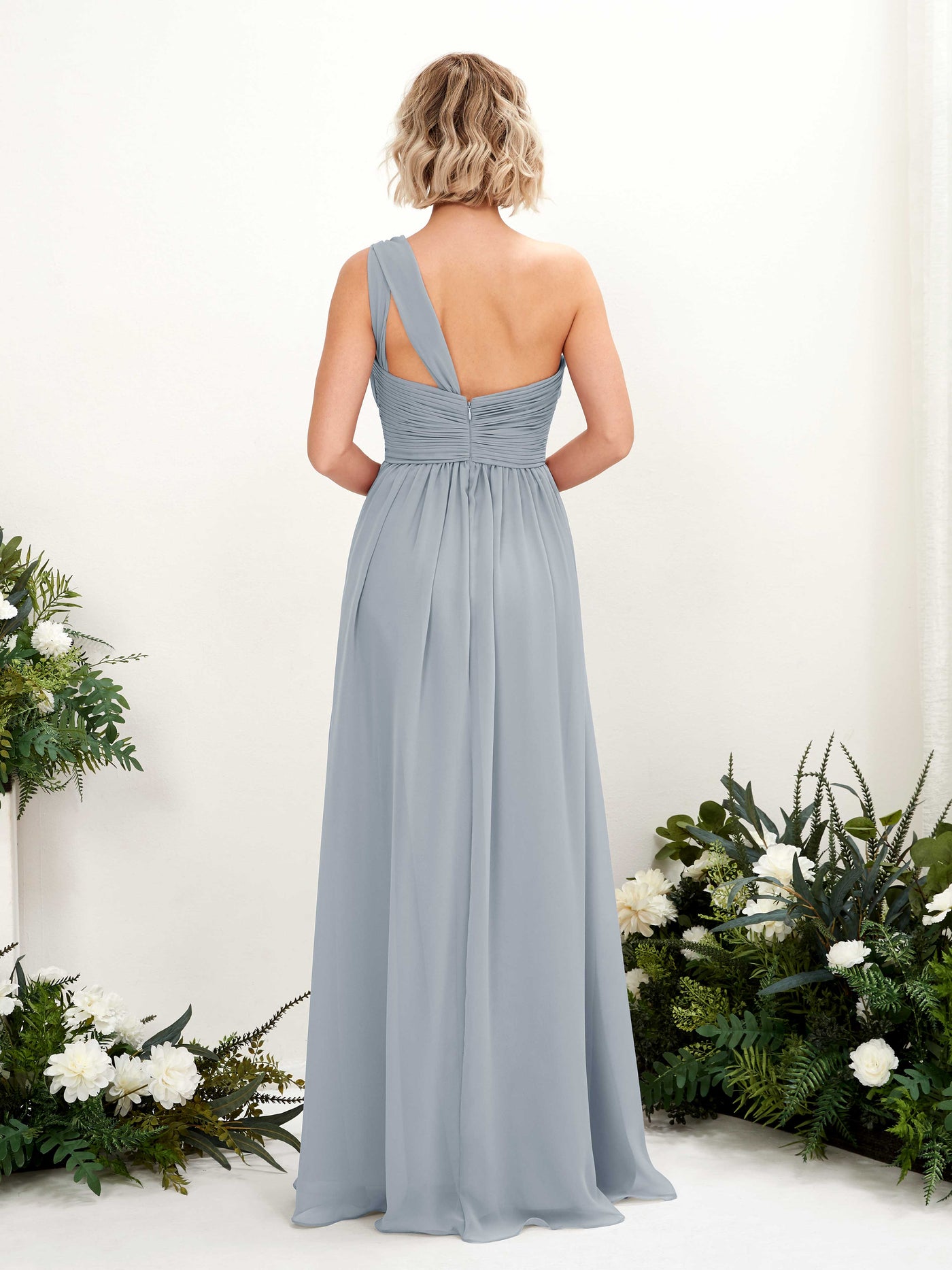 Carlyna Vestido de dama de honor línea A fruncido un hombro longitud hasta el suelo Azul Empolvado Mejorado #color_azul-empolvado-mejorado