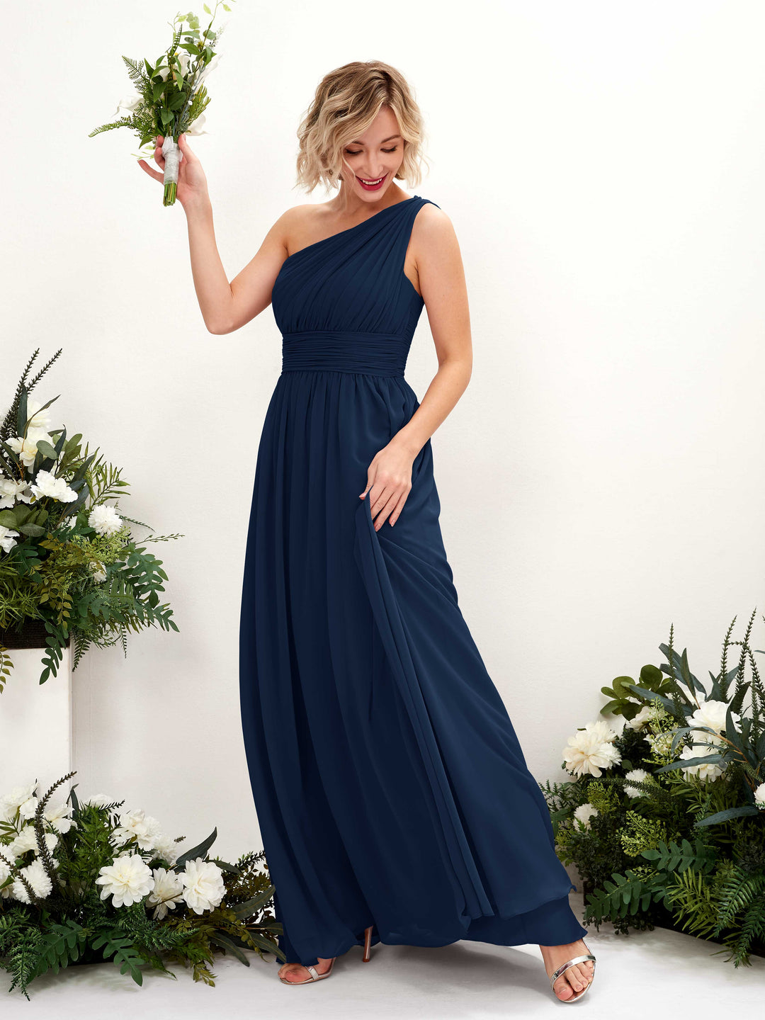 Carlyna Vestido de dama de honor línea A fruncido un hombro longitud hasta el suelo Azul Marino 