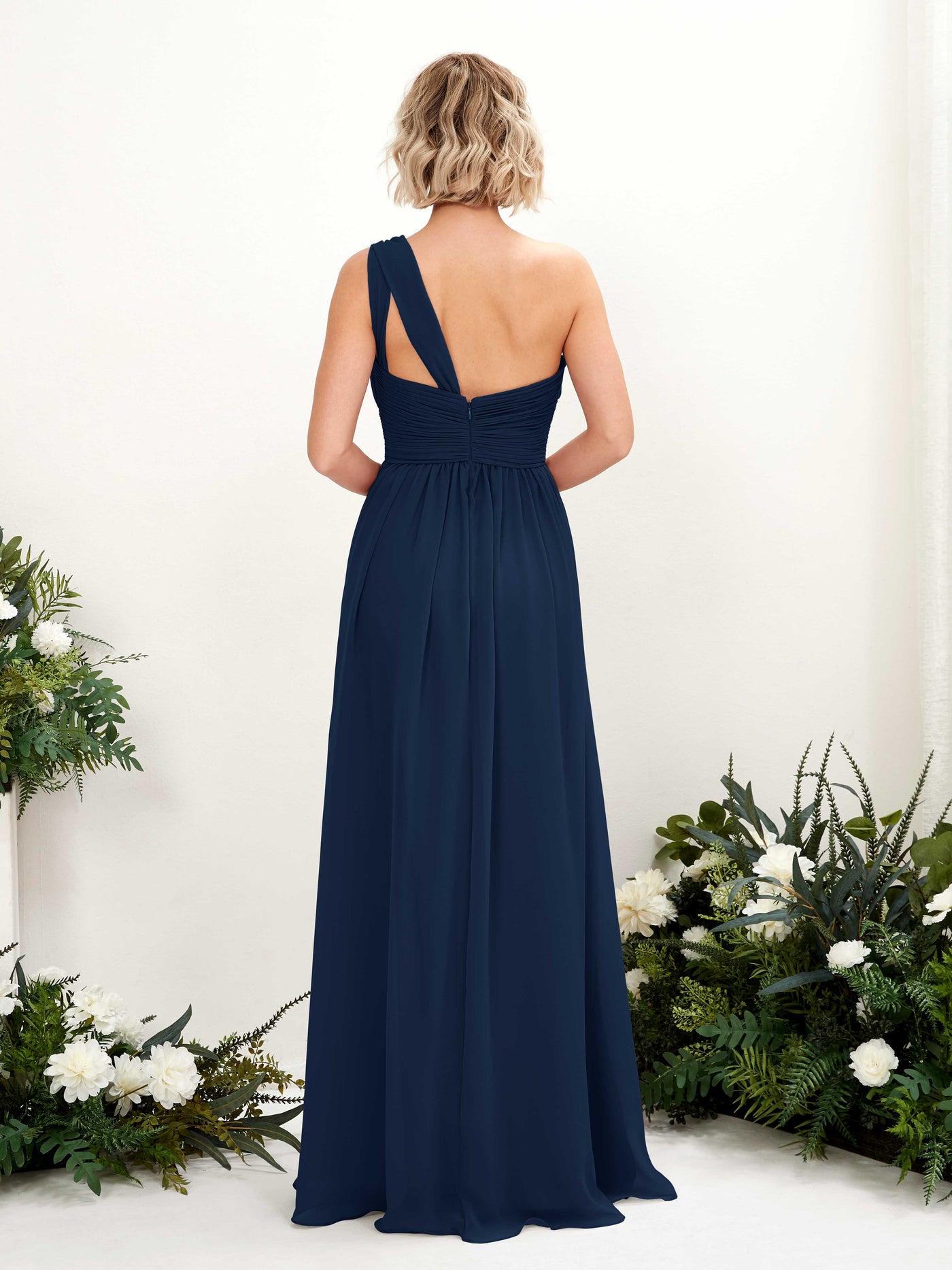 Carlyna Vestido de dama de honor línea A fruncido un hombro longitud hasta el suelo Azul Marino #color_azul-marino