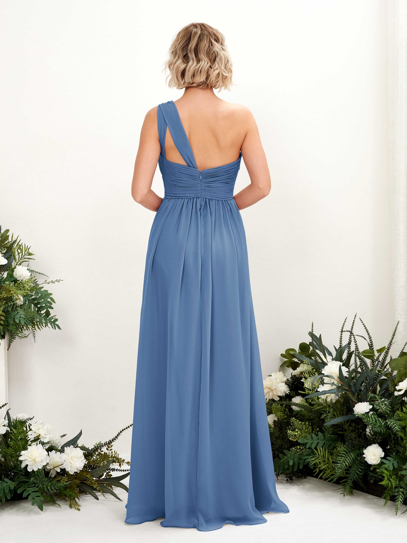 Carlyna Vestido de dama de honor línea A fruncido un hombro longitud hasta el suelo Azul polvoriento #color_azul-polvoriento