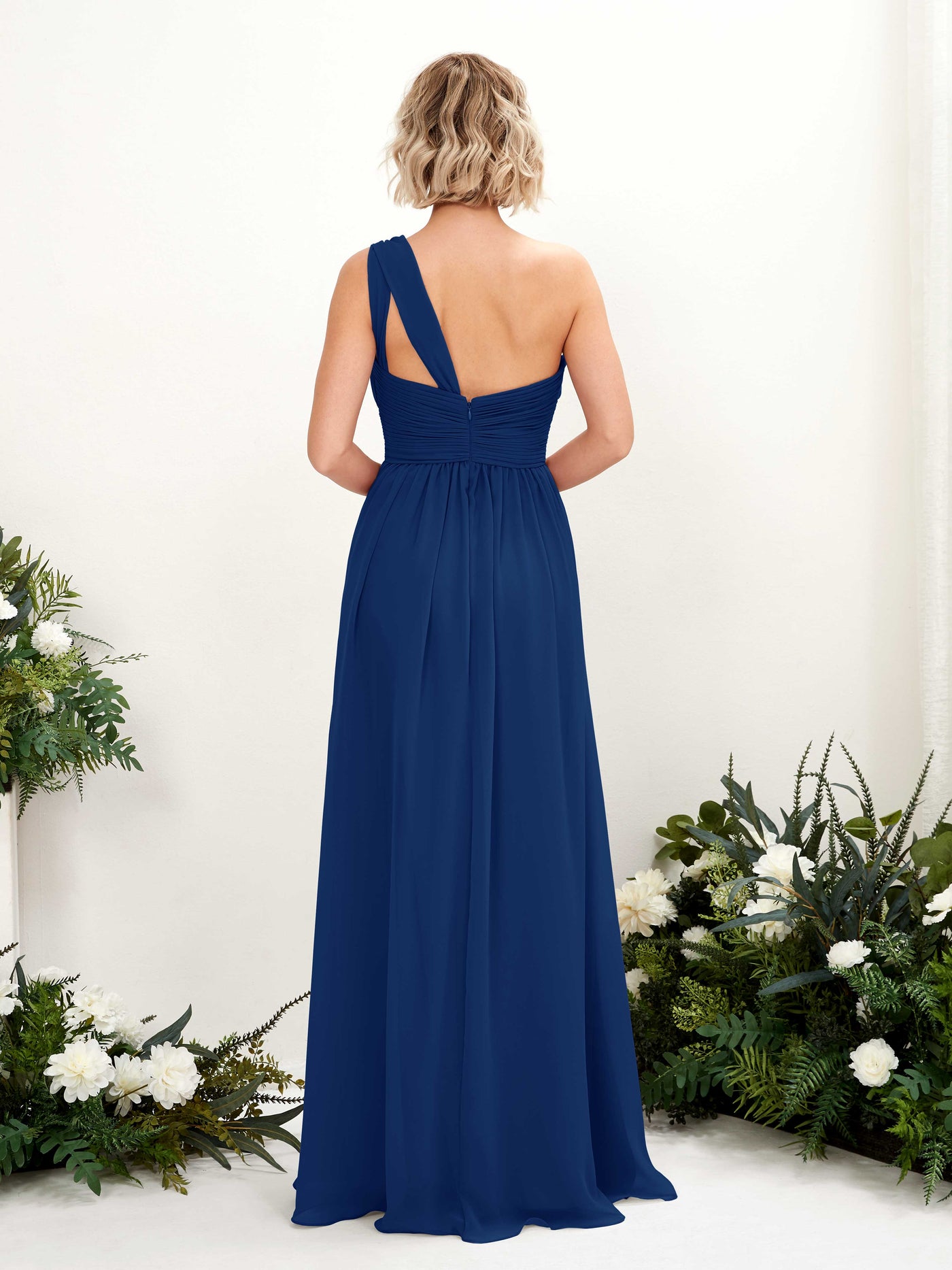 Carlyna Vestido de dama de honor línea A fruncido un hombro longitud hasta el suelo Azul Real #color_azul-real