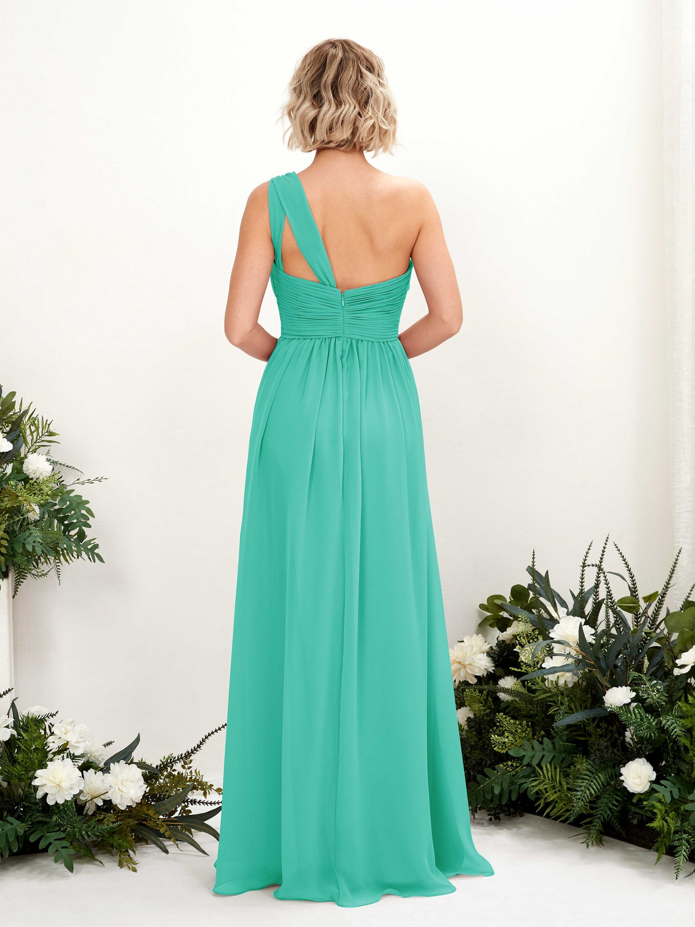 Carlyna Vestido de dama de honor línea A fruncido un hombro longitud hasta el suelo Azul Tiffany #color_azul-tiffany