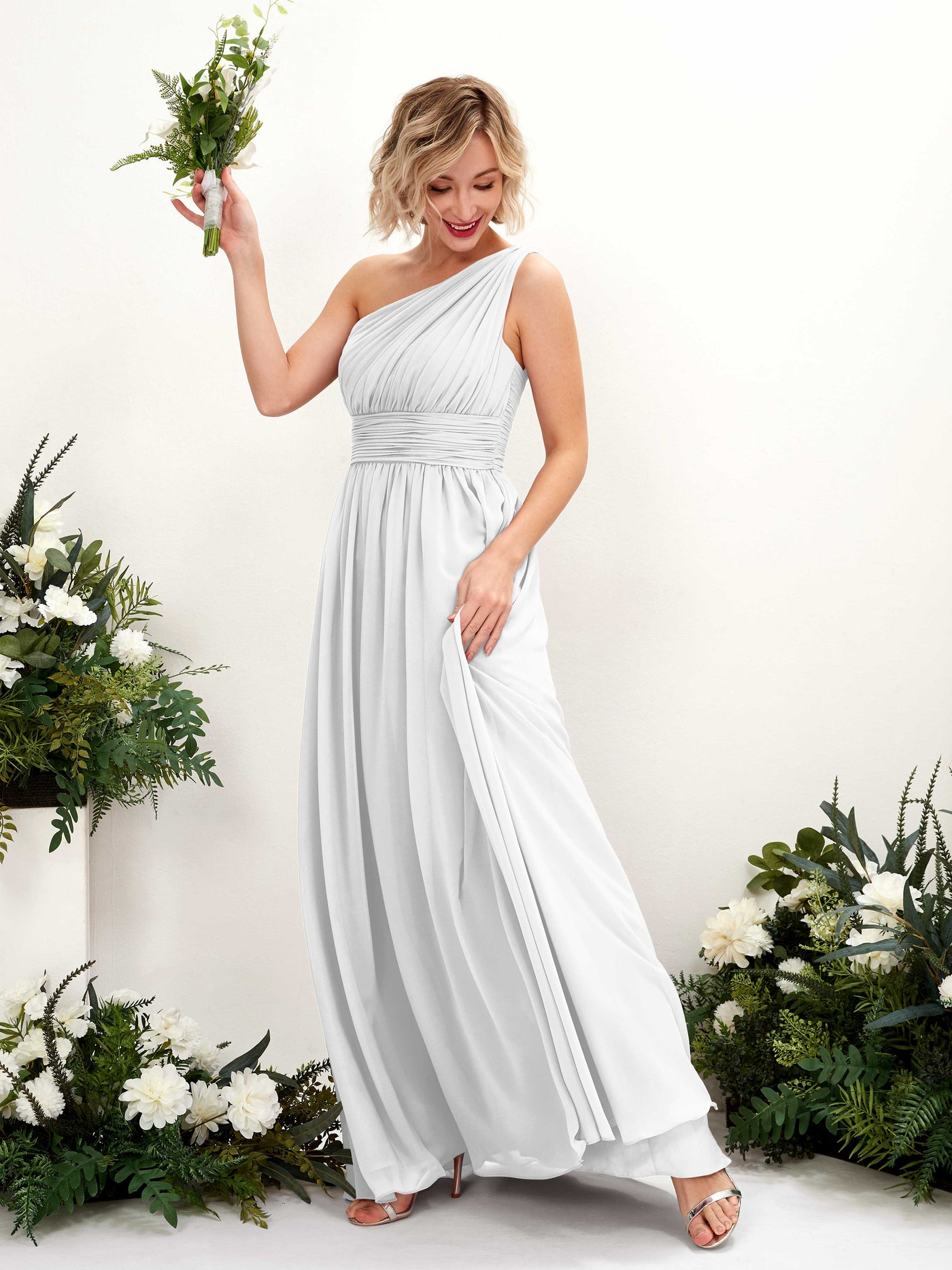 Carlyna Vestido de dama de honor línea A fruncido un hombro longitud hasta el suelo Blanco #color_blanco