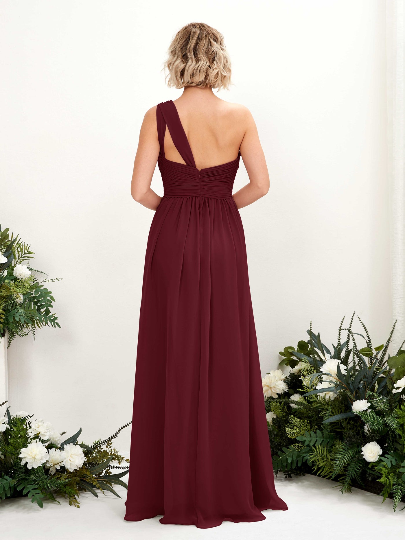 Carlyna Vestido de dama de honor línea A fruncido un hombro longitud hasta el suelo Borgoña #color_borgo-a