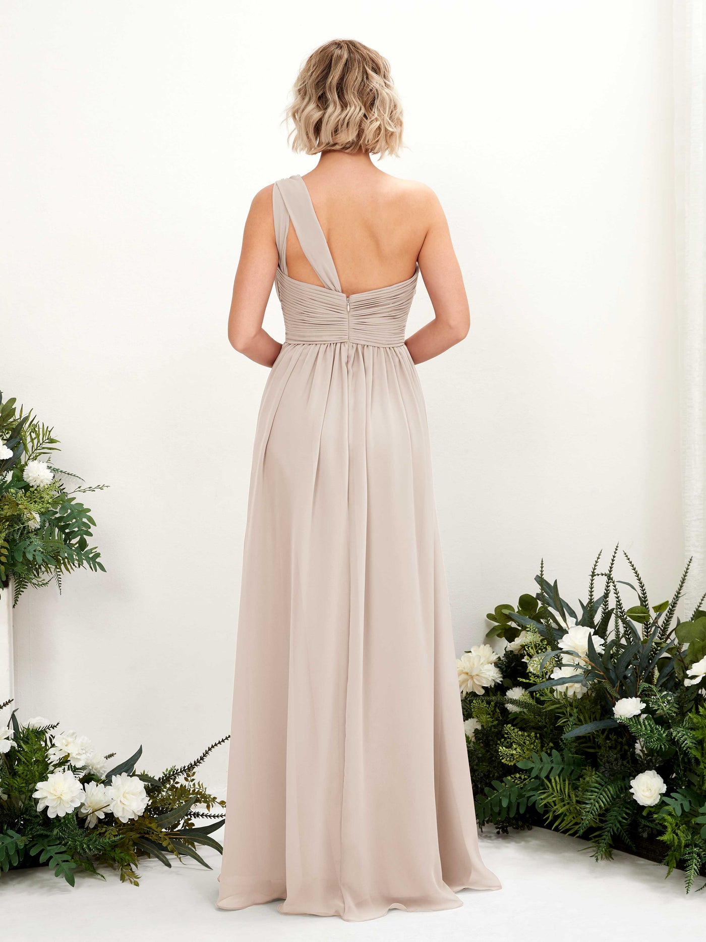 Carlyna Vestido de dama de honor línea A fruncido un hombro longitud hasta el suelo Champán #color_champ-n