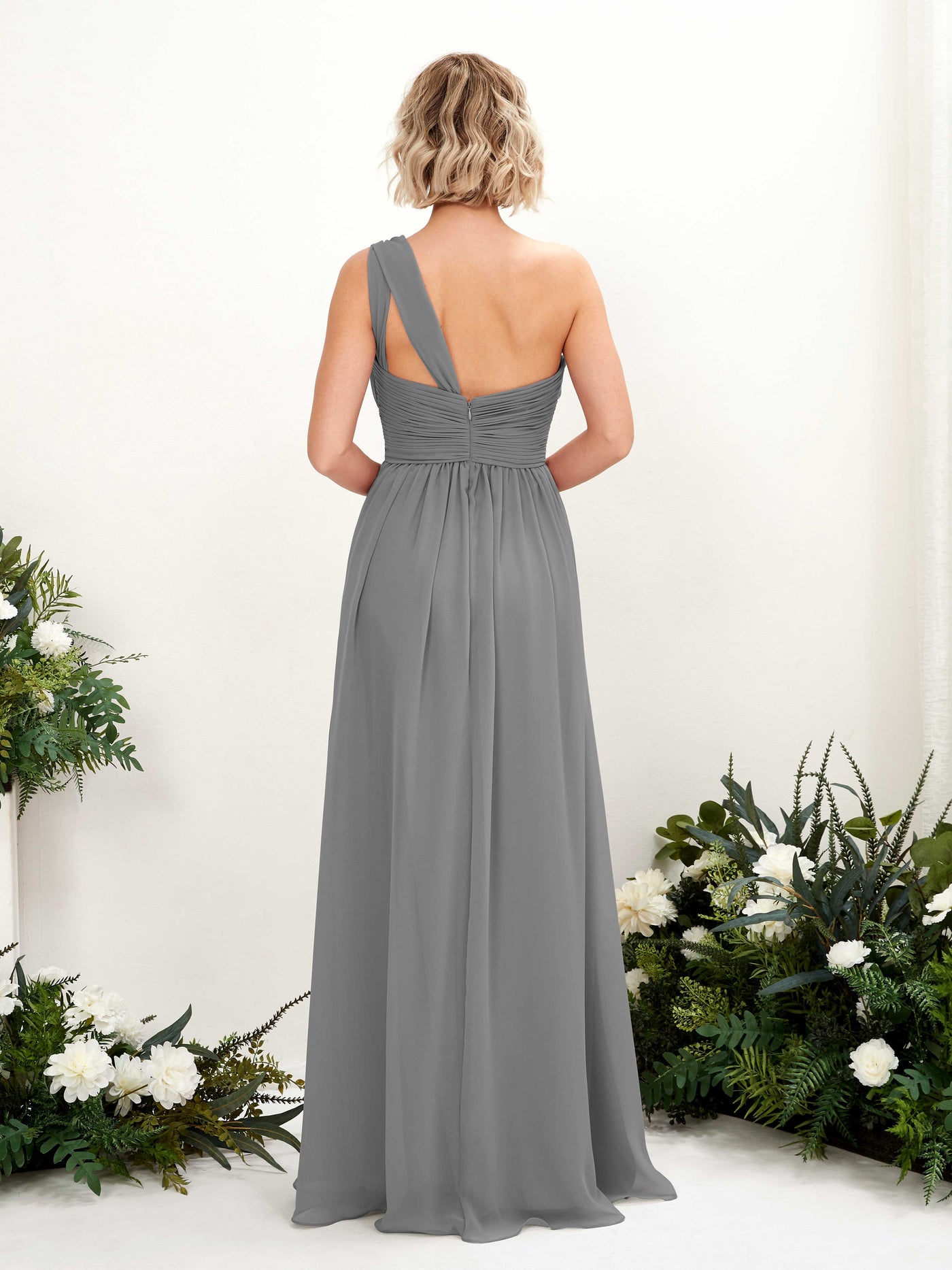 Carlyna Vestido de dama de honor línea A fruncido un hombro longitud hasta el suelo Gris Acero #color_gris-acero