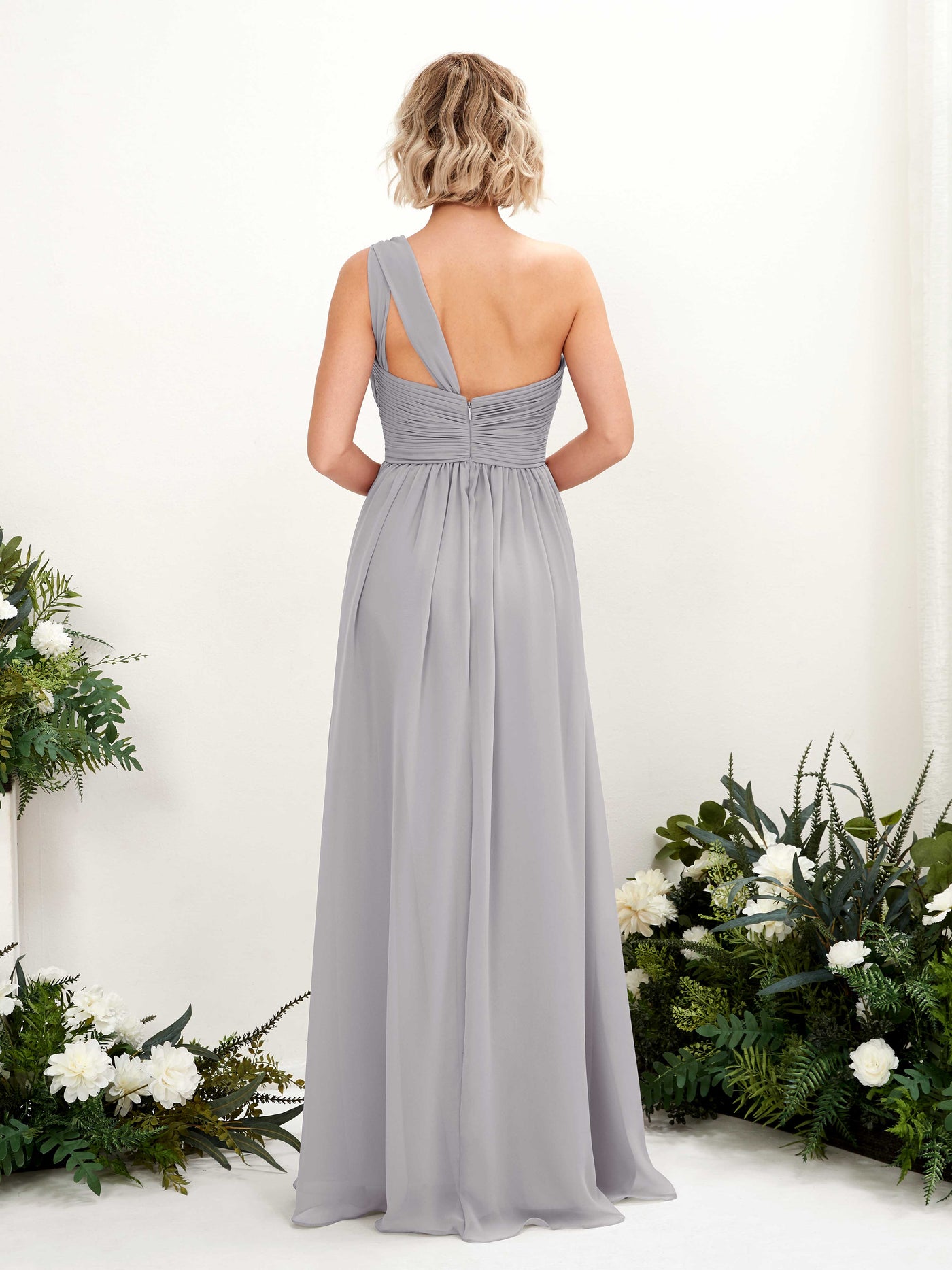 Carlyna Vestido de dama de honor línea A fruncido un hombro longitud hasta el suelo Gris Paloma #color_gris-paloma