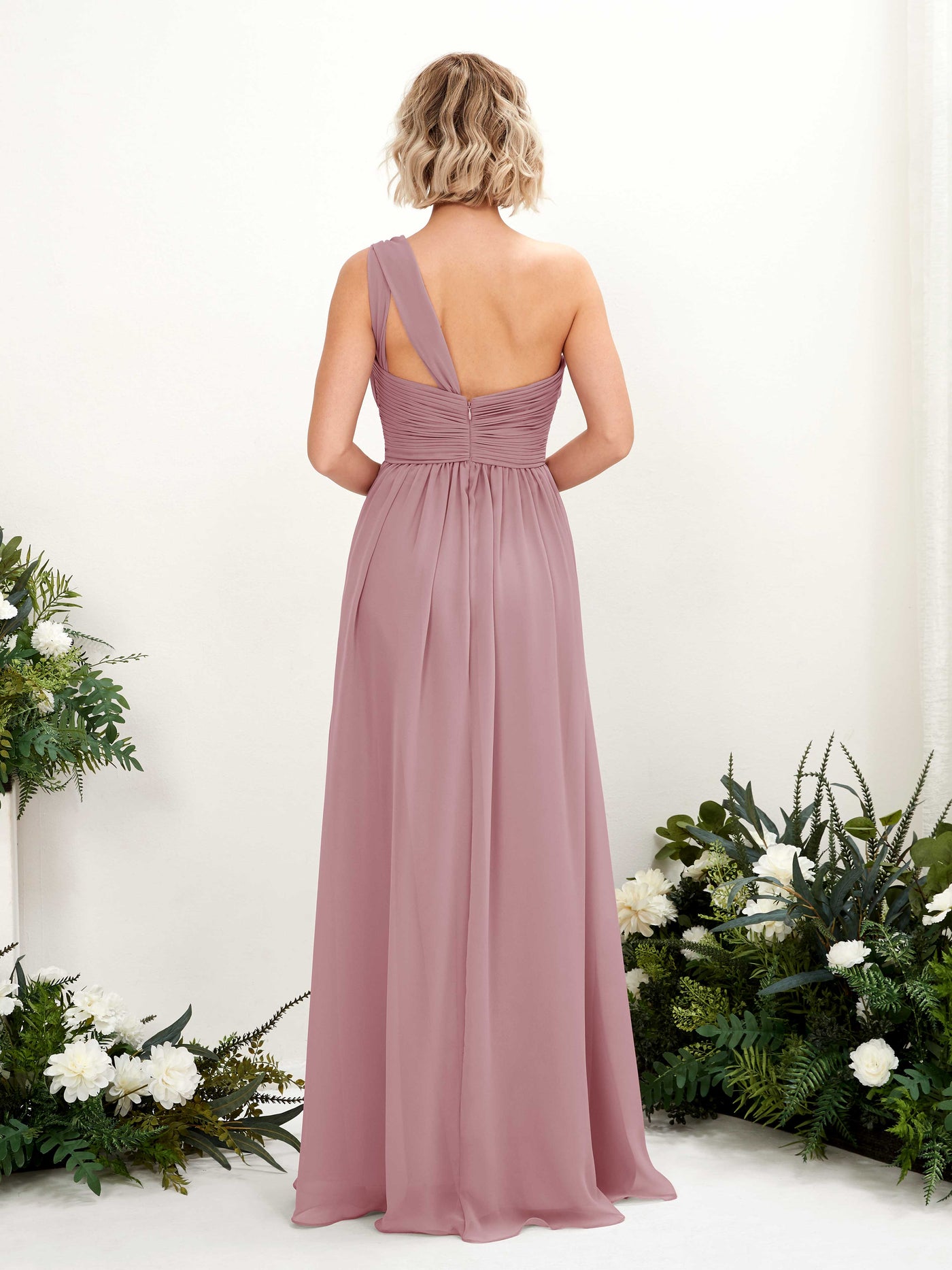 Carlyna Vestido de dama de honor línea A fruncido un hombro longitud hasta el suelo Malva Clásico #color_malva-cl-sico