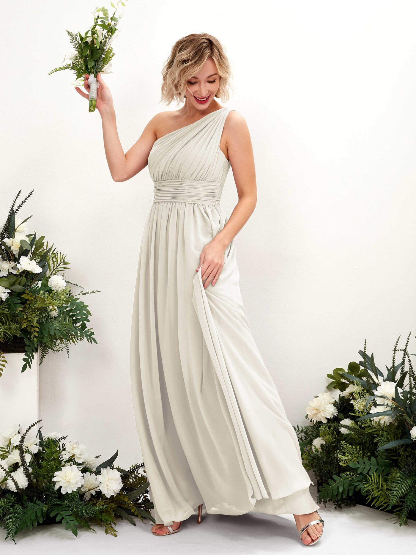 Carlyna Vestido de dama de honor línea A fruncido un hombro longitud hasta el suelo Marfil #color_marfil