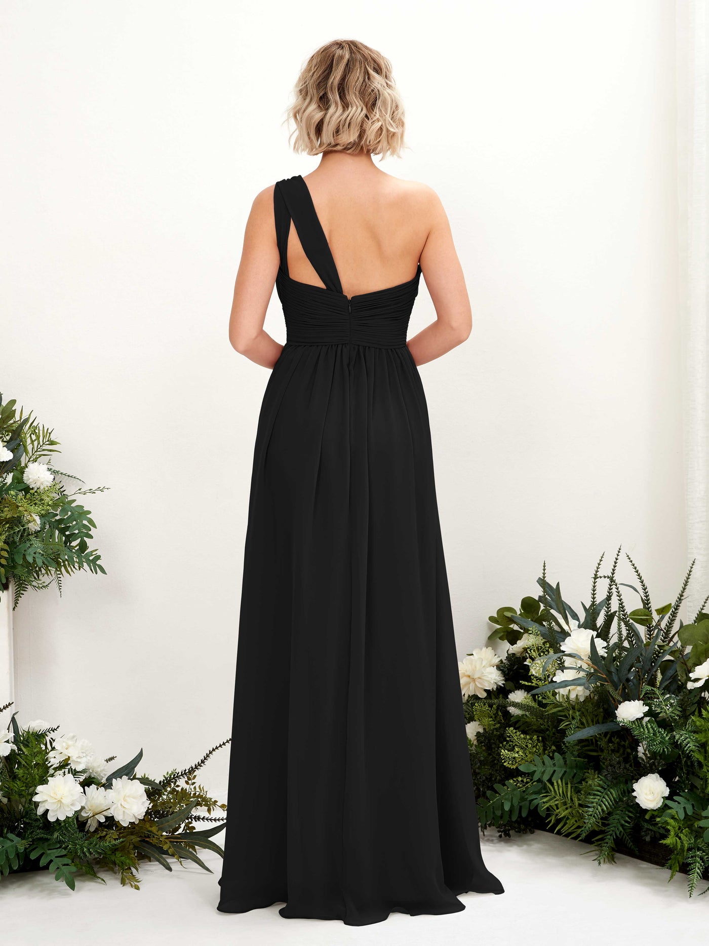 Carlyna Vestido de dama de honor línea A fruncido un hombro longitud hasta el suelo Negro #color_negro