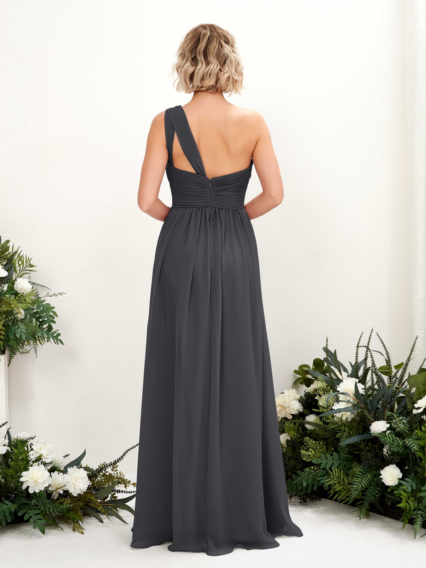 Carlyna Vestido de dama de honor línea A fruncido un hombro longitud hasta el suelo Peltre #color_peltre