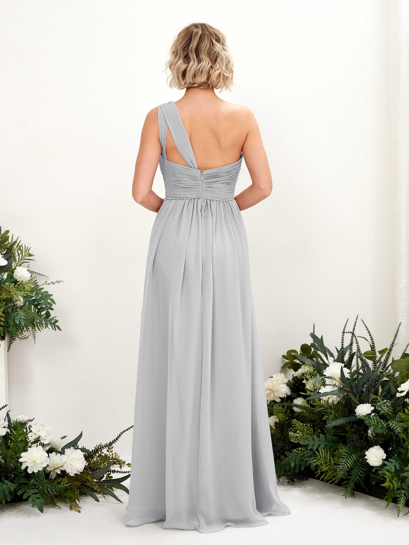 Carlyna Vestido de dama de honor línea A fruncido un hombro longitud hasta el suelo Plata #color_plata