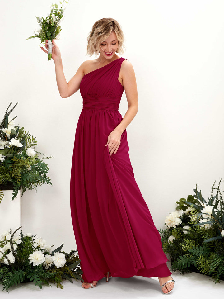 Carlyna Vestido de dama de honor línea A fruncido un hombro longitud hasta el suelo Rojo Bufón 