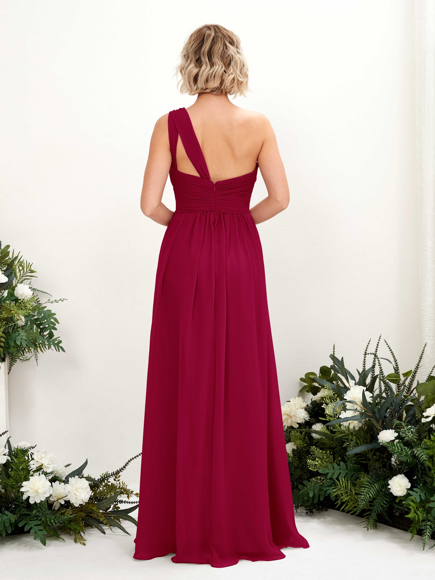 Carlyna Vestido de dama de honor línea A fruncido un hombro longitud hasta el suelo Rojo Bufón #color_rojo-buf-n