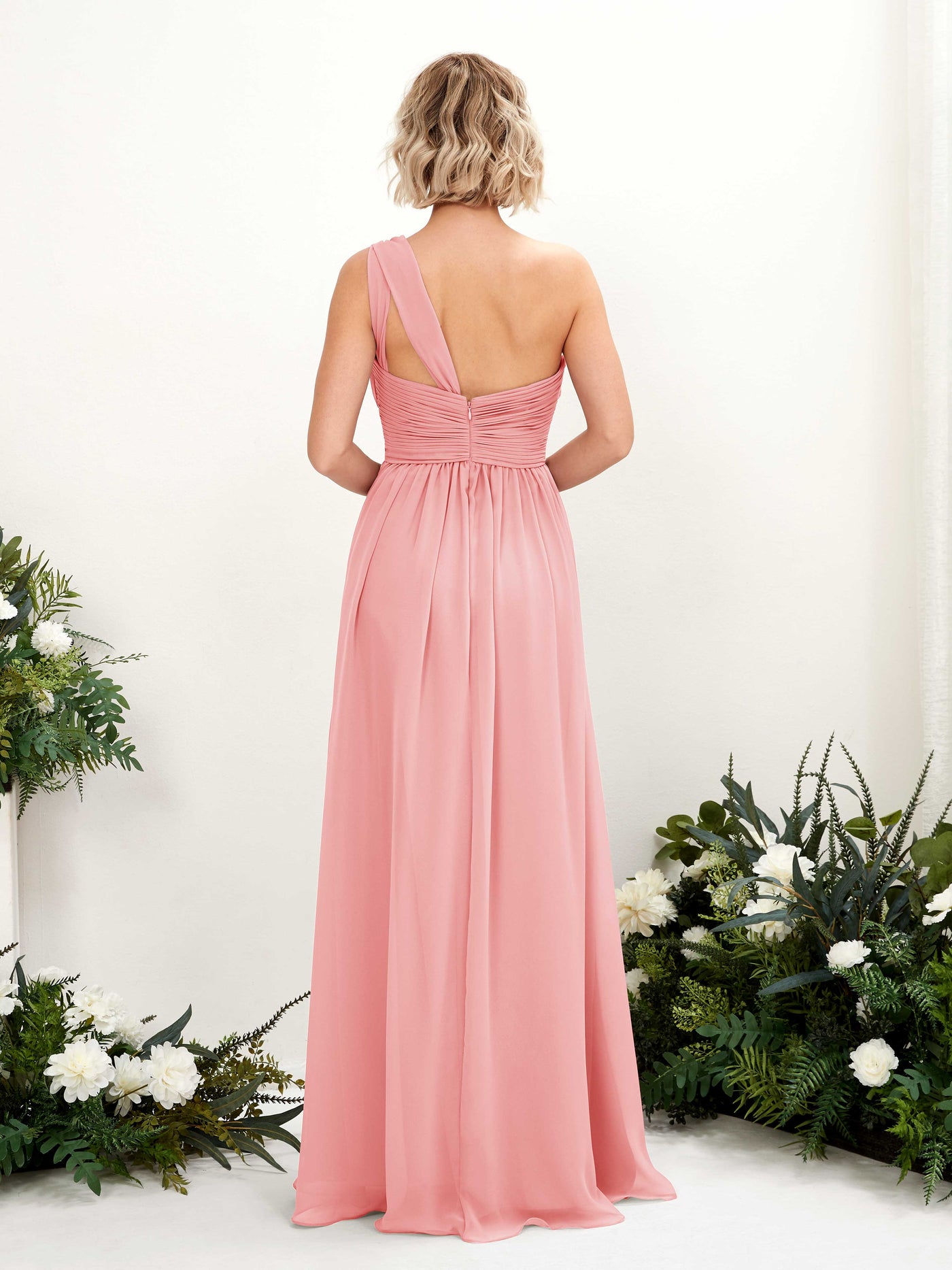 Carlyna Vestido de dama de honor línea A fruncido un hombro longitud hasta el suelo Rosa Ballet #color_rosa-ballet