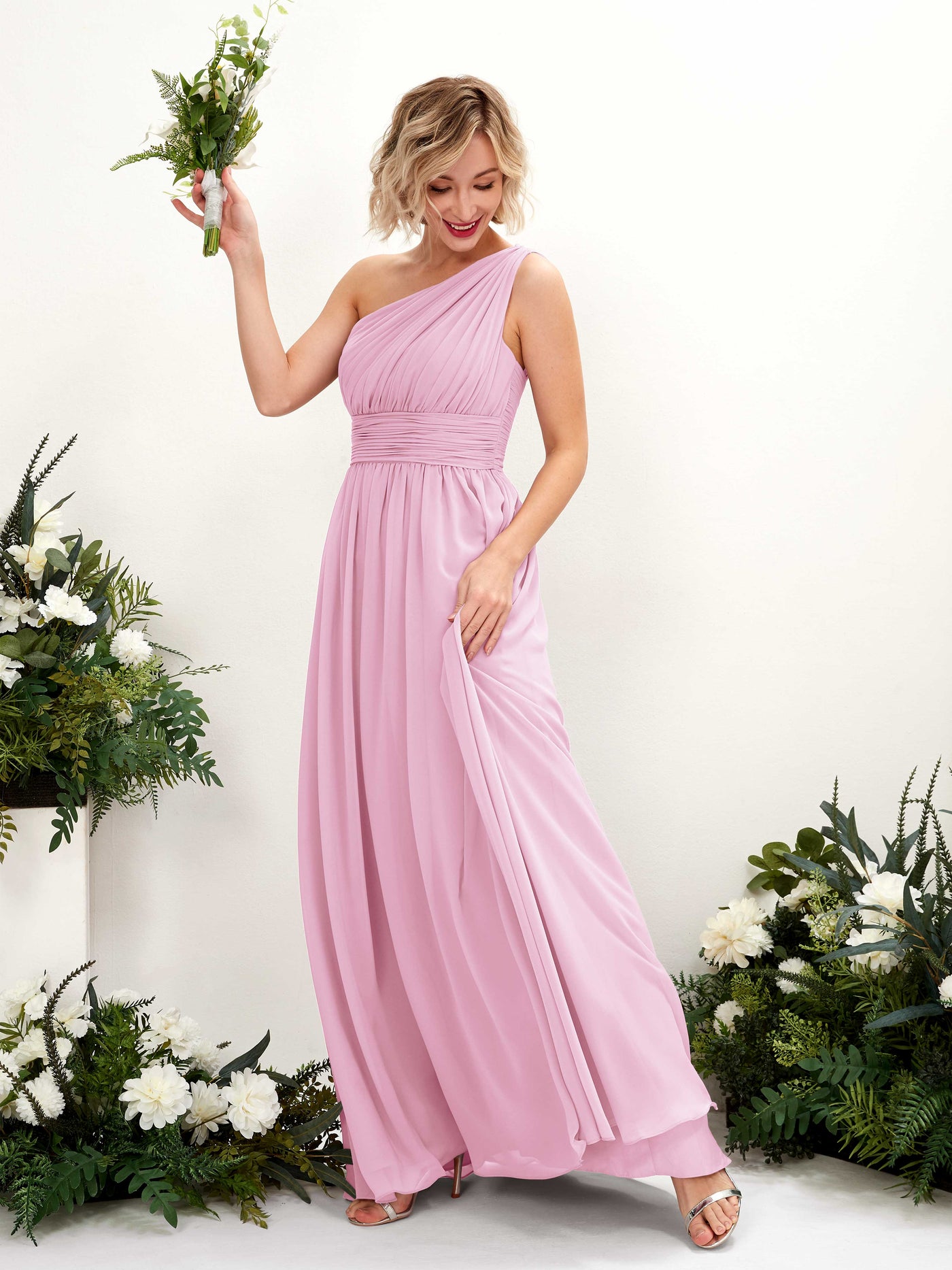 Carlyna Vestido de dama de honor línea A fruncido un hombro longitud hasta el suelo Rosa Caramelo #color_rosa-caramelo