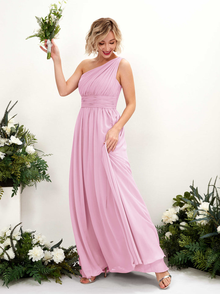 Carlyna Vestido de dama de honor línea A fruncido un hombro longitud hasta el suelo Rosa Caramelo 