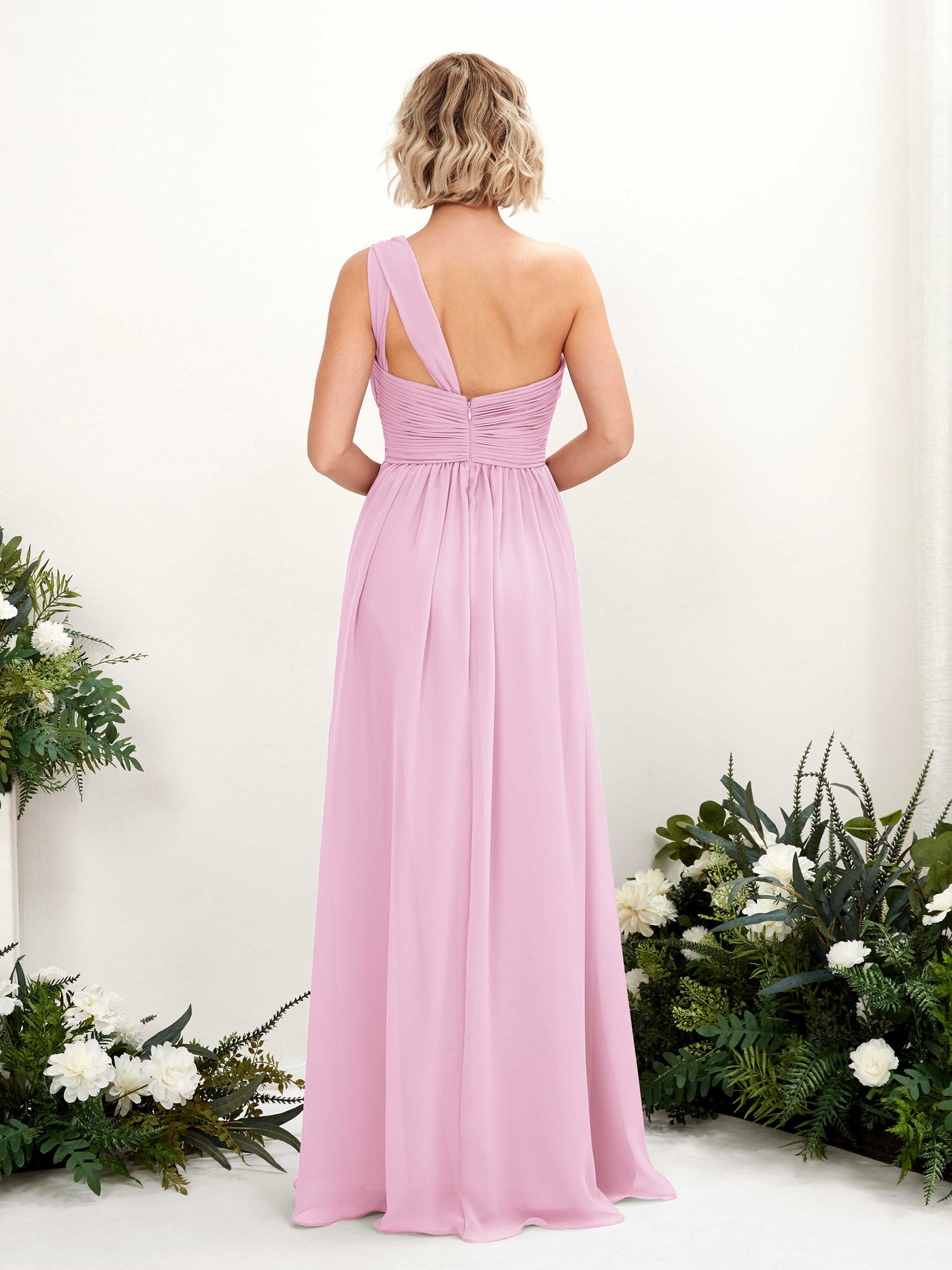 Carlyna Vestido de dama de honor línea A fruncido un hombro longitud hasta el suelo Rosa Caramelo #color_rosa-caramelo