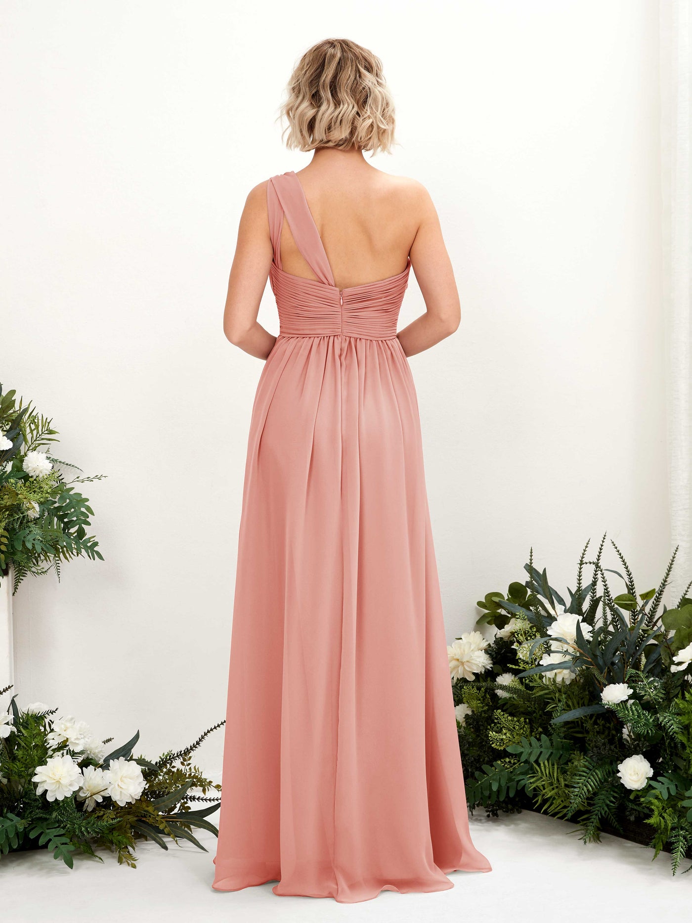 Carlyna Vestido de dama de honor línea A fruncido un hombro longitud hasta el suelo Rosa Champán #color_rosa-champ-n