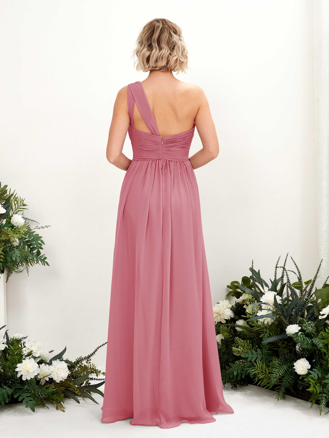 Carlyna Vestido de dama de honor línea A fruncido un hombro longitud hasta el suelo Rosa Del Desierto #color_rosa-del-desierto