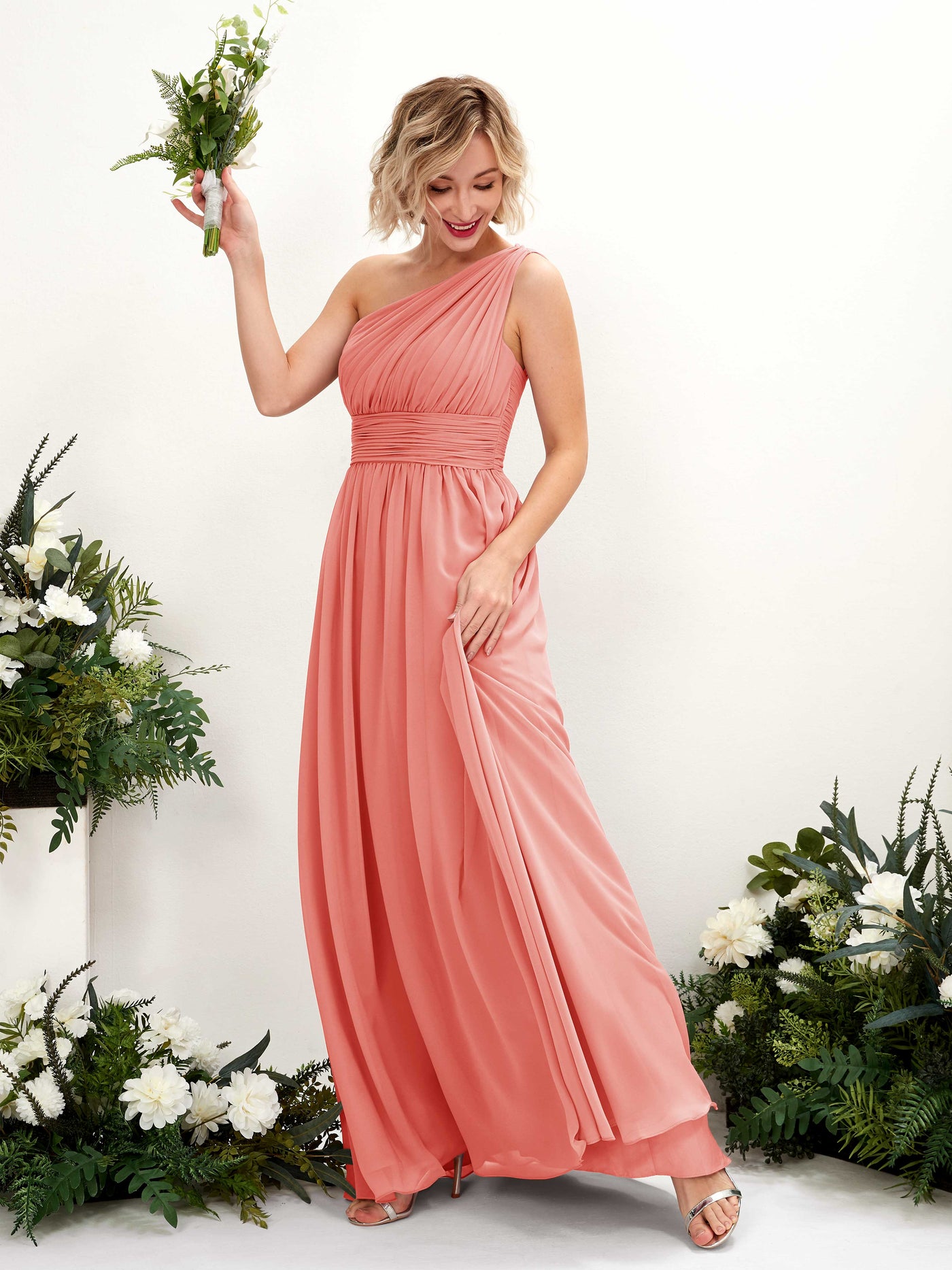 Carlyna Vestido de dama de honor línea A fruncido un hombro longitud hasta el suelo Rosa Melocotón #color_rosa-melocot-n