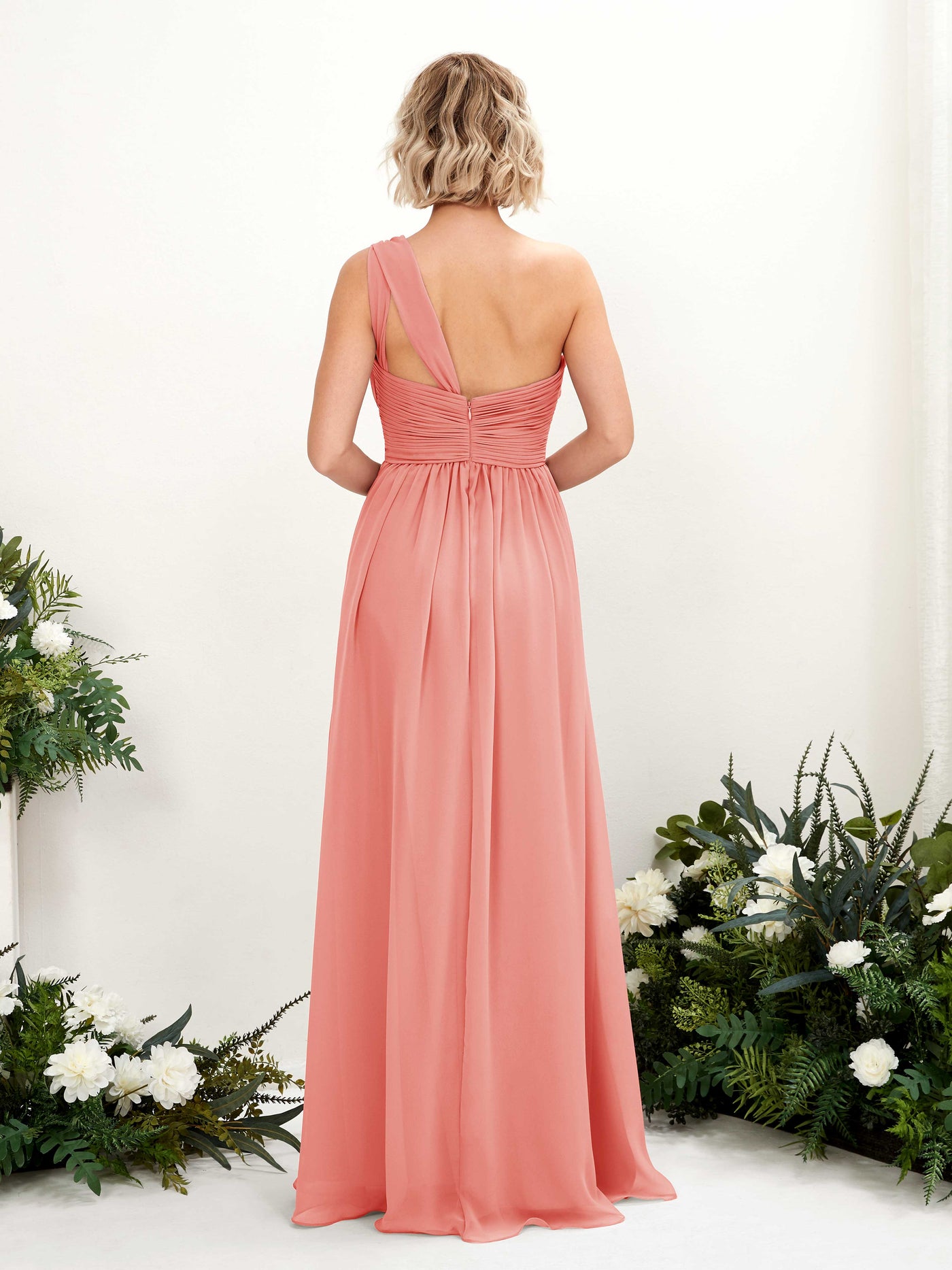 Carlyna Vestido de dama de honor línea A fruncido un hombro longitud hasta el suelo Rosa Melocotón #color_rosa-melocot-n