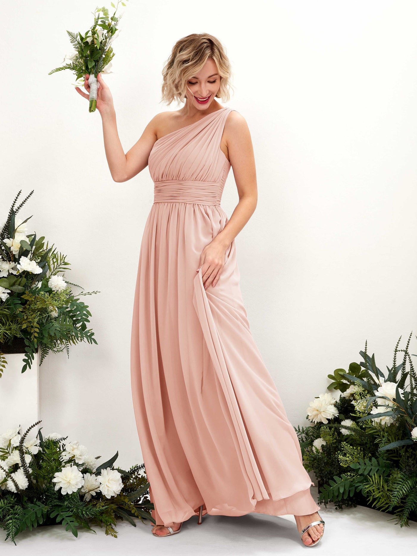 Carlyna Vestido de dama de honor línea A fruncido un hombro longitud hasta el suelo Rosa Perla #color_rosa-perla
