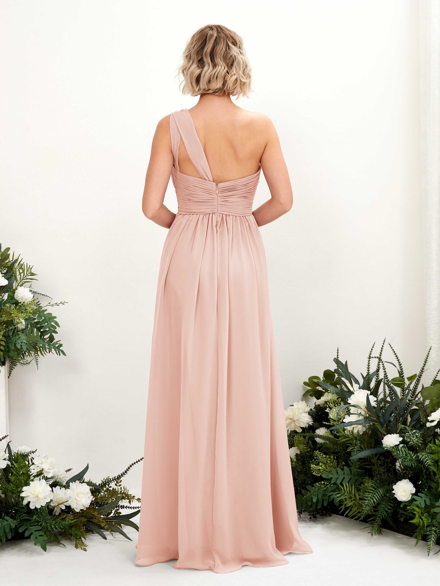 Carlyna Vestido de dama de honor línea A fruncido un hombro longitud hasta el suelo Rosa Perla #color_rosa-perla