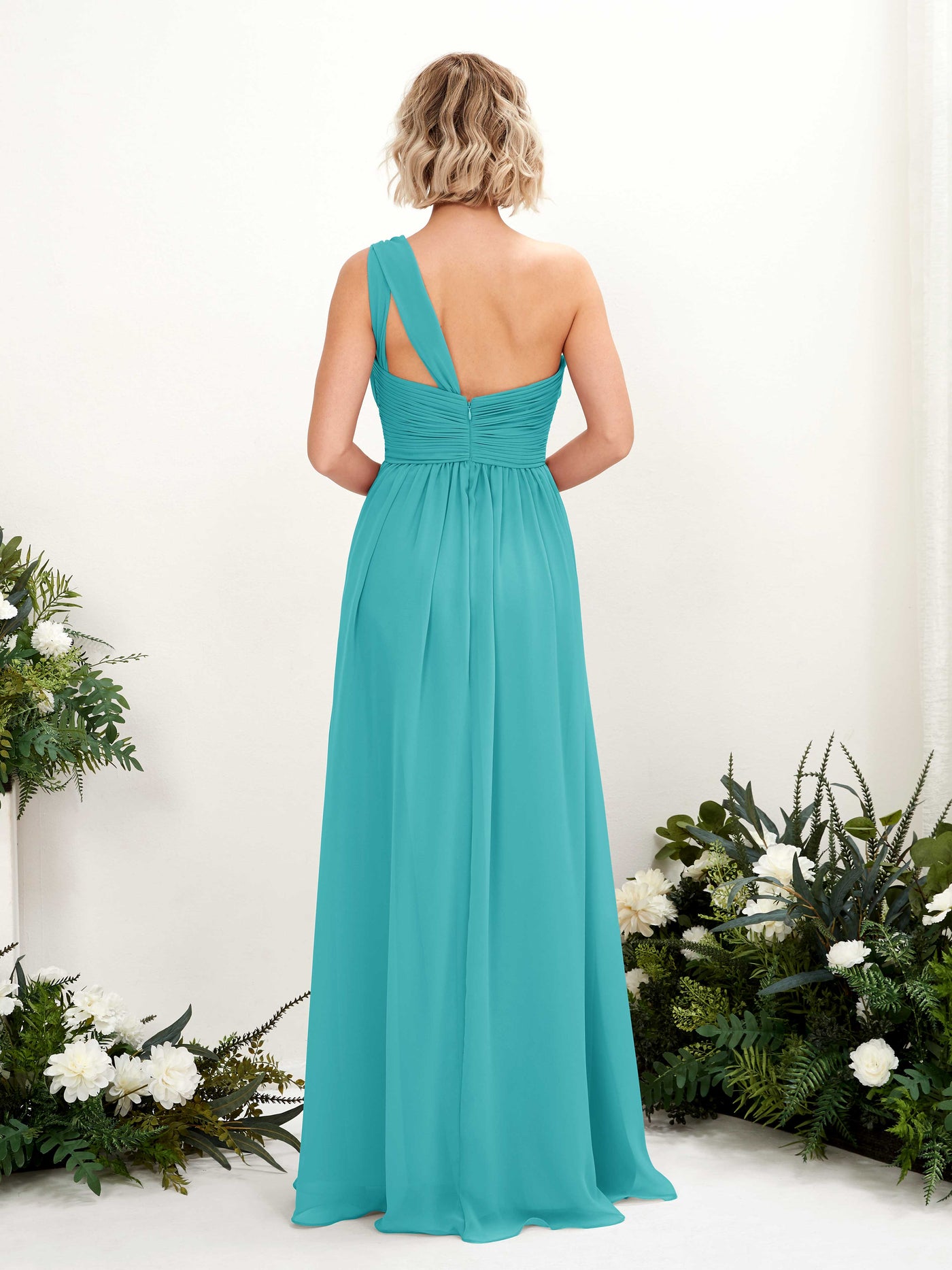Carlyna Vestido de dama de honor línea A fruncido un hombro longitud hasta el suelo Turquesa #color_turquesa