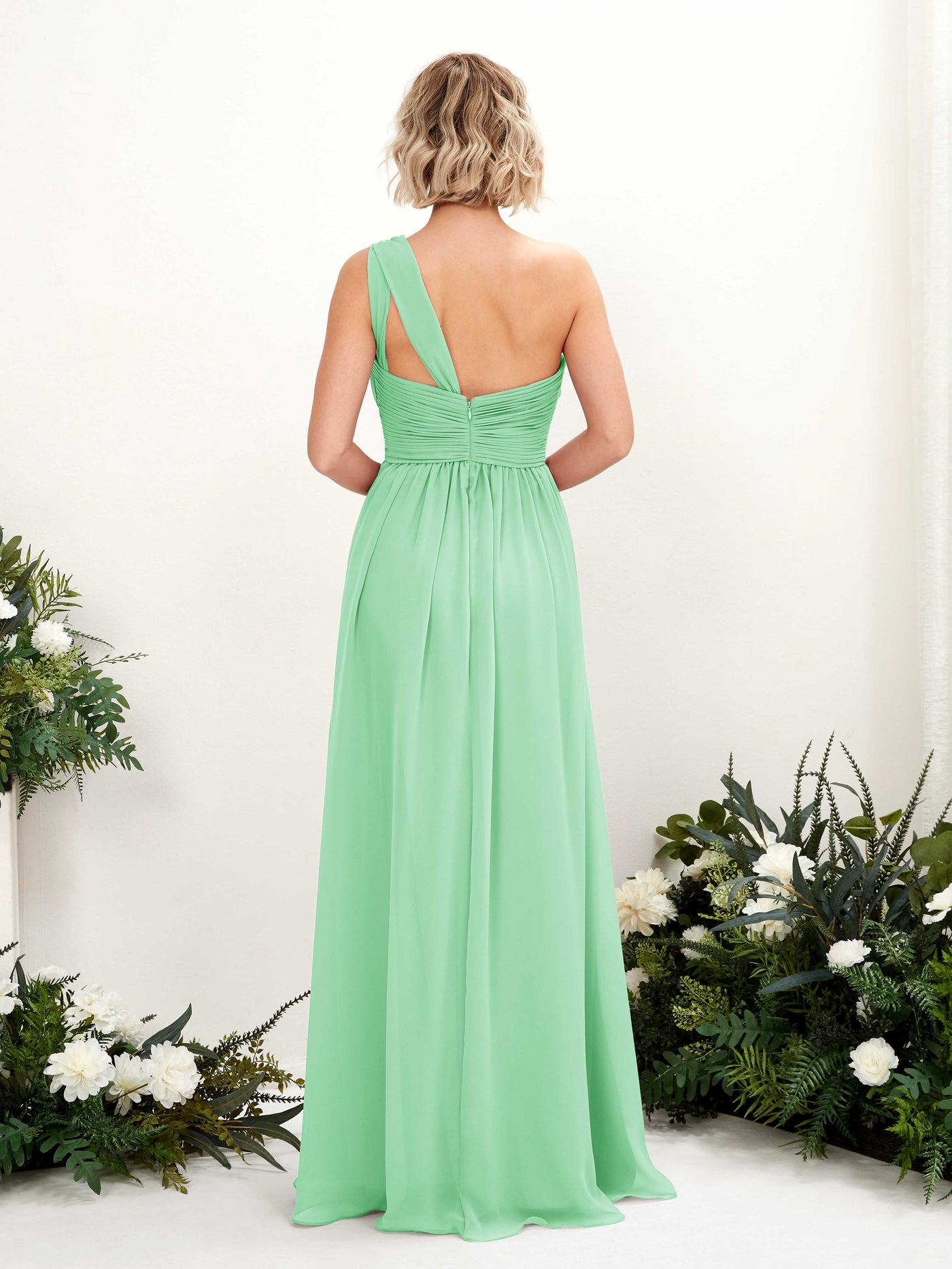 Carlyna Vestido de dama de honor línea A fruncido un hombro longitud hasta el suelo Verde Menta #color_verde-menta