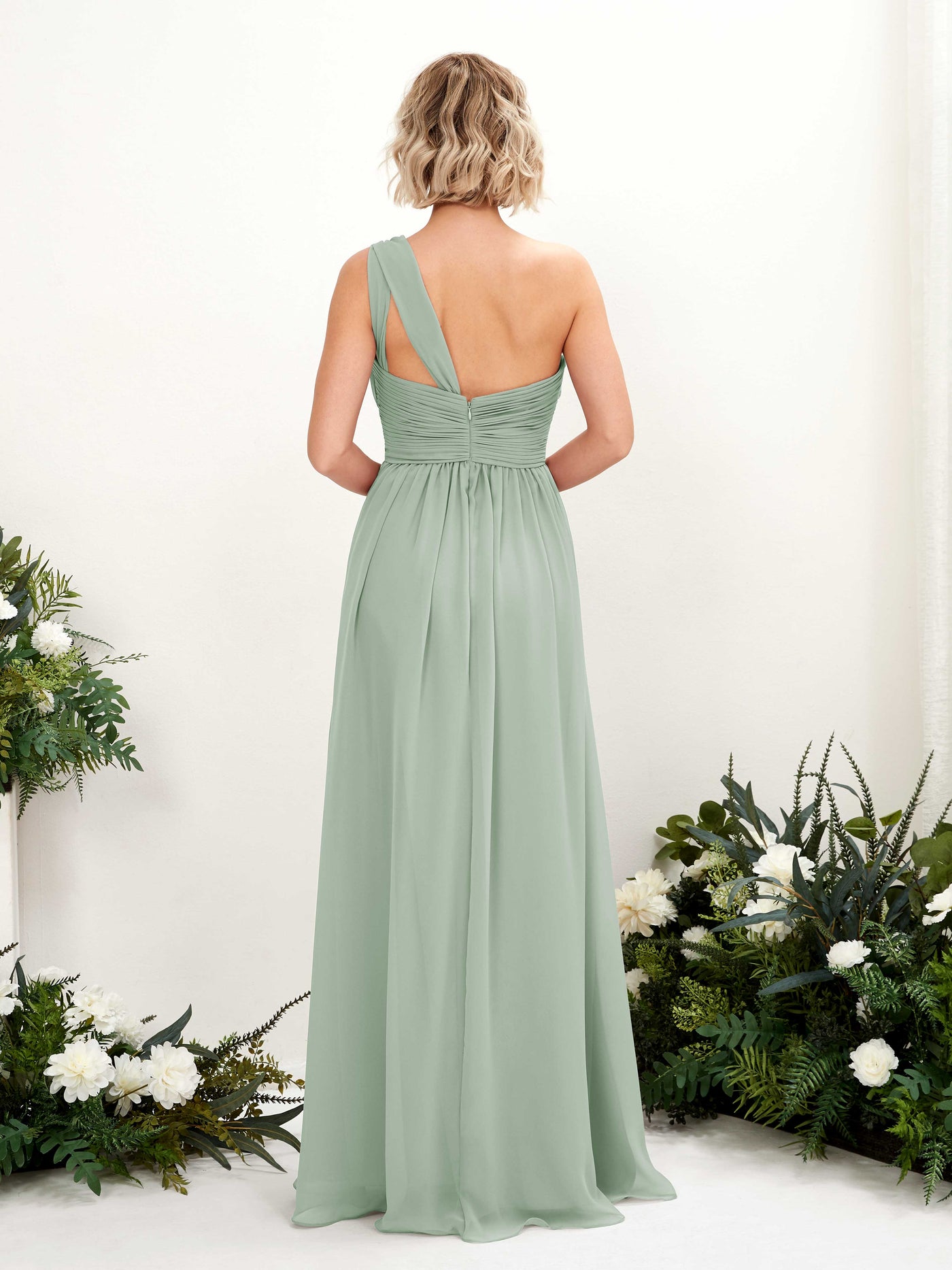 Carlyna Vestido de dama de honor línea A fruncido un hombro longitud hasta el suelo Verde Salvia #color_verde-salvia