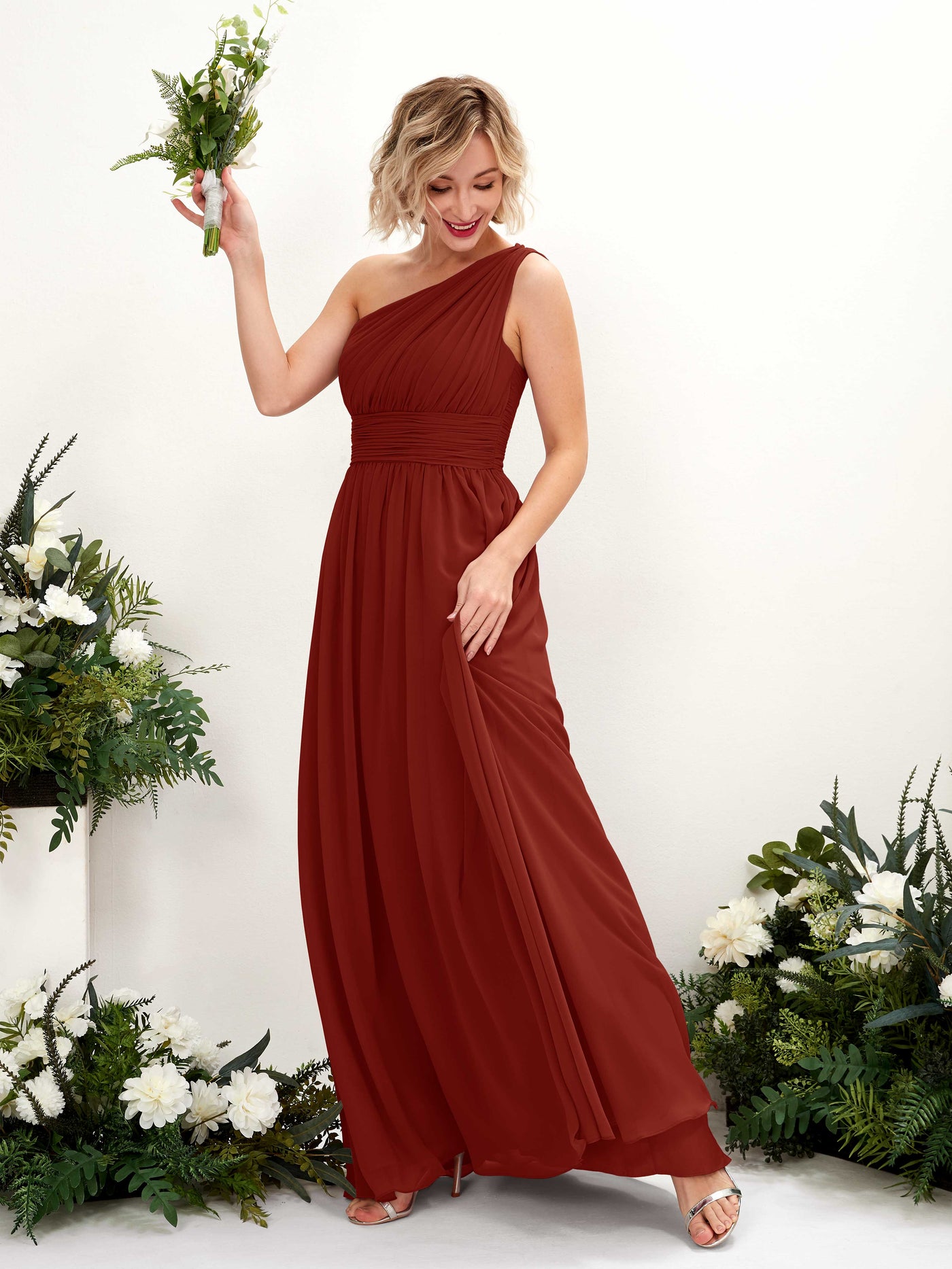 Carlyna Vestido de dama de honor línea A fruncido un hombro longitud hasta el suelo Óxido #color_xido
