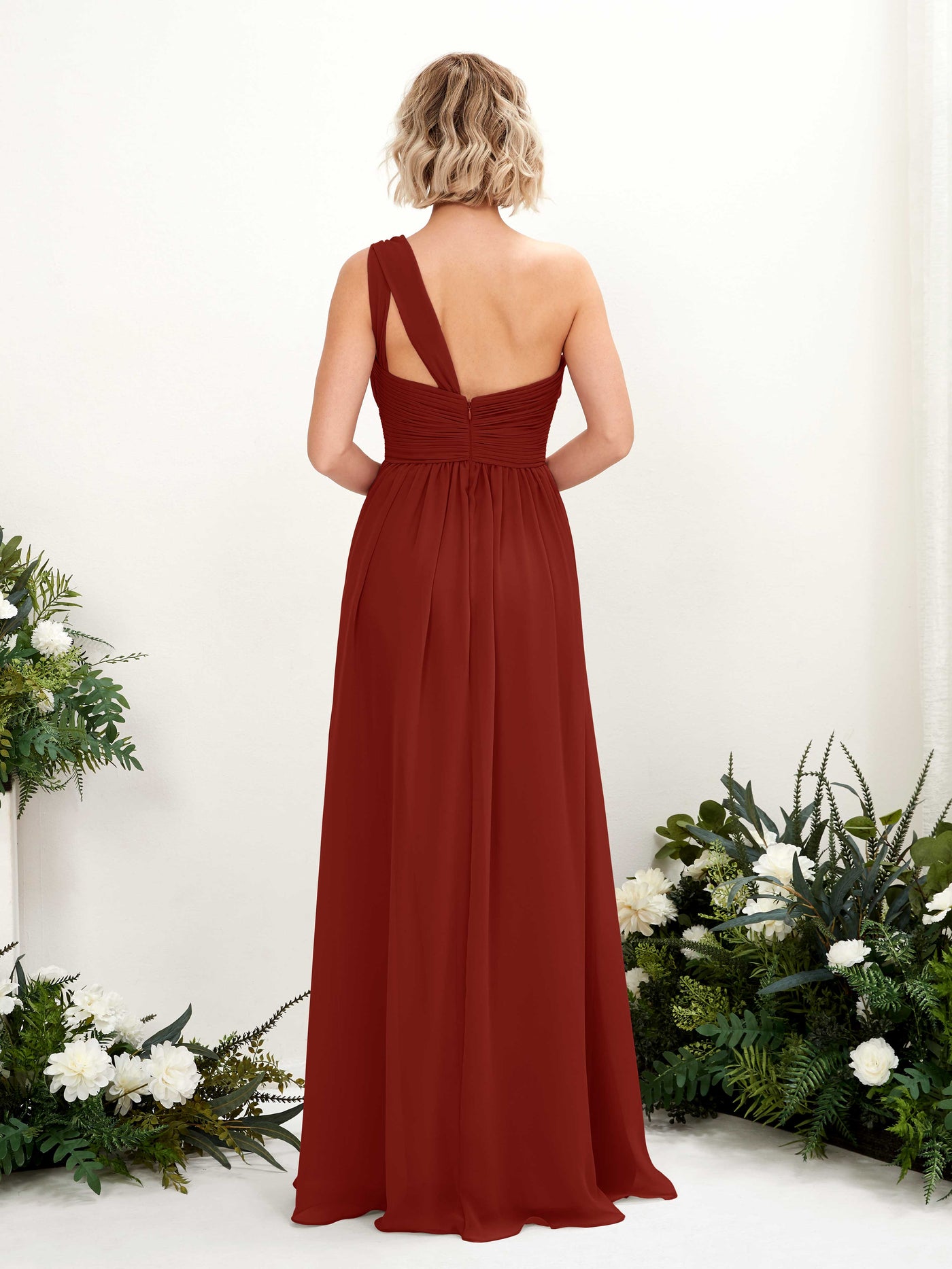 Carlyna Vestido de dama de honor línea A fruncido un hombro longitud hasta el suelo Óxido #color_xido