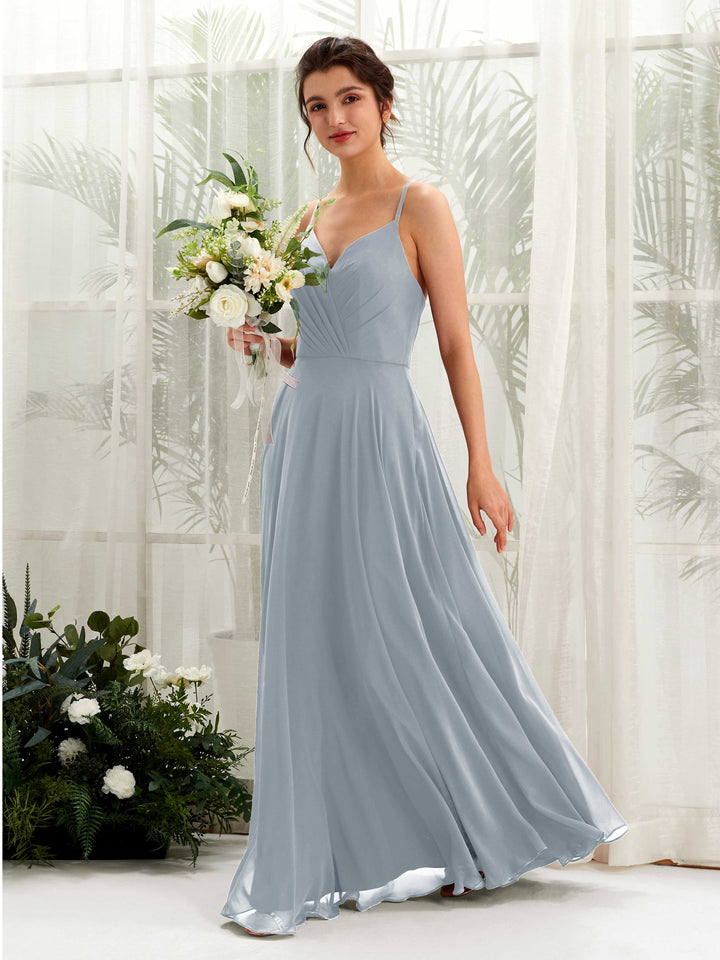 Carlyna Vestido de línea A escote en V con tirantes finos hasta el suelo vestido de dama de honor Azul Empolvado Mejorado 