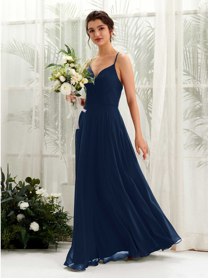 Carlyna Vestido de línea A escote en V con tirantes finos hasta el suelo vestido de dama de honor Azul Marino 