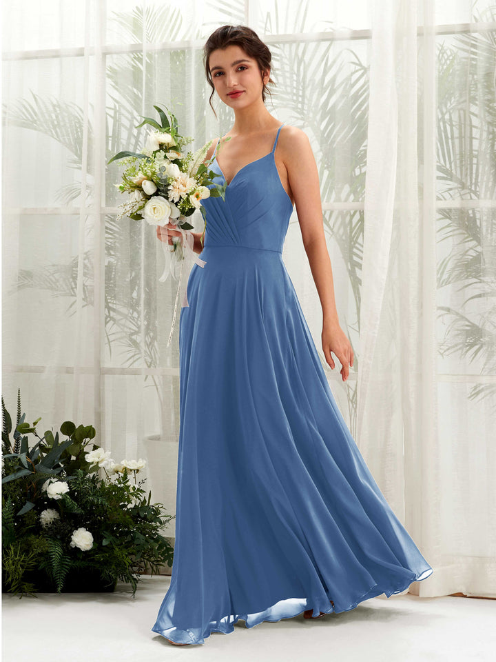 Carlyna Vestido de línea A escote en V con tirantes finos hasta el suelo vestido de dama de honor Azul polvoriento 