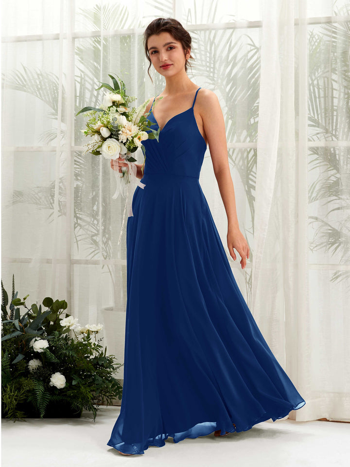 Carlyna Vestido de línea A escote en V con tirantes finos hasta el suelo vestido de dama de honor Azul Real 