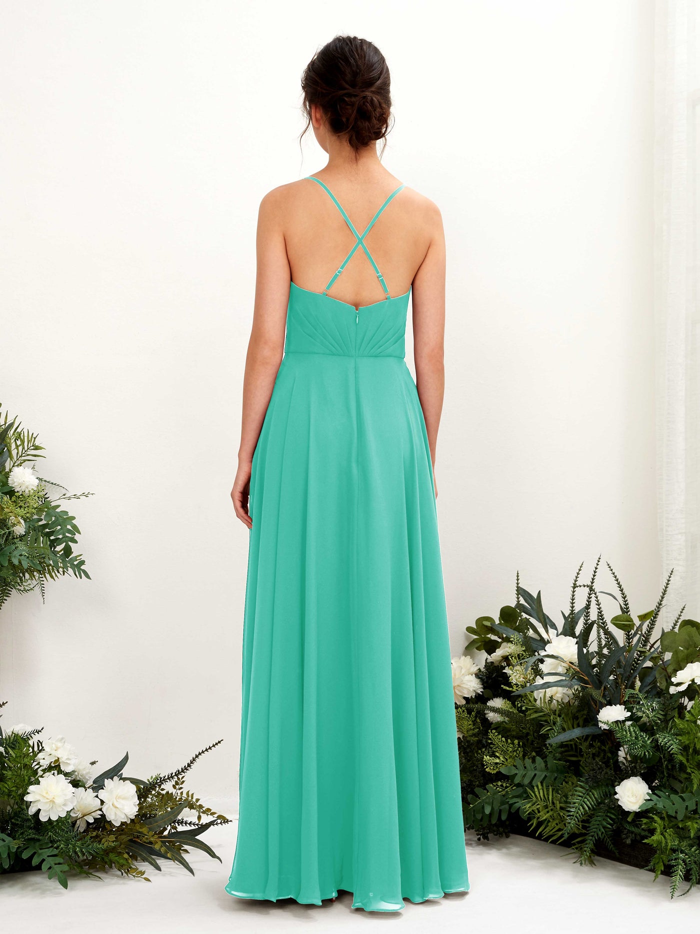 Carlyna Vestido de línea A escote en V con tirantes finos hasta el suelo vestido de dama de honor Azul Tiffany #color_azul-tiffany