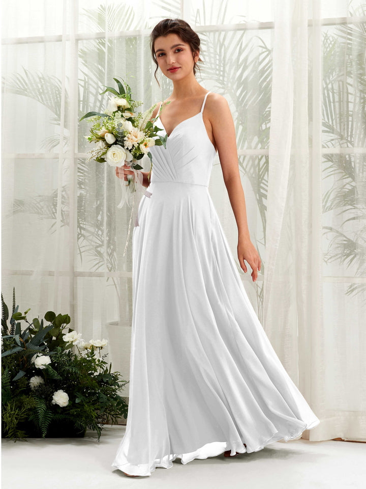 Carlyna Vestido de línea A escote en V con tirantes finos hasta el suelo vestido de dama de honor Blanco 
