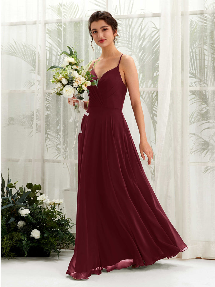 Carlyna Vestido de línea A escote en V con tirantes finos hasta el suelo vestido de dama de honor Borgoña 