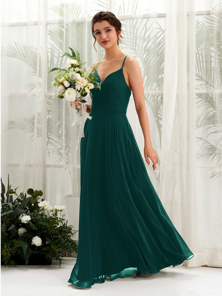 Carlyna Vestido de línea A escote en V con tirantes finos hasta el suelo vestido de dama de honor Esmeralda Oscuro 