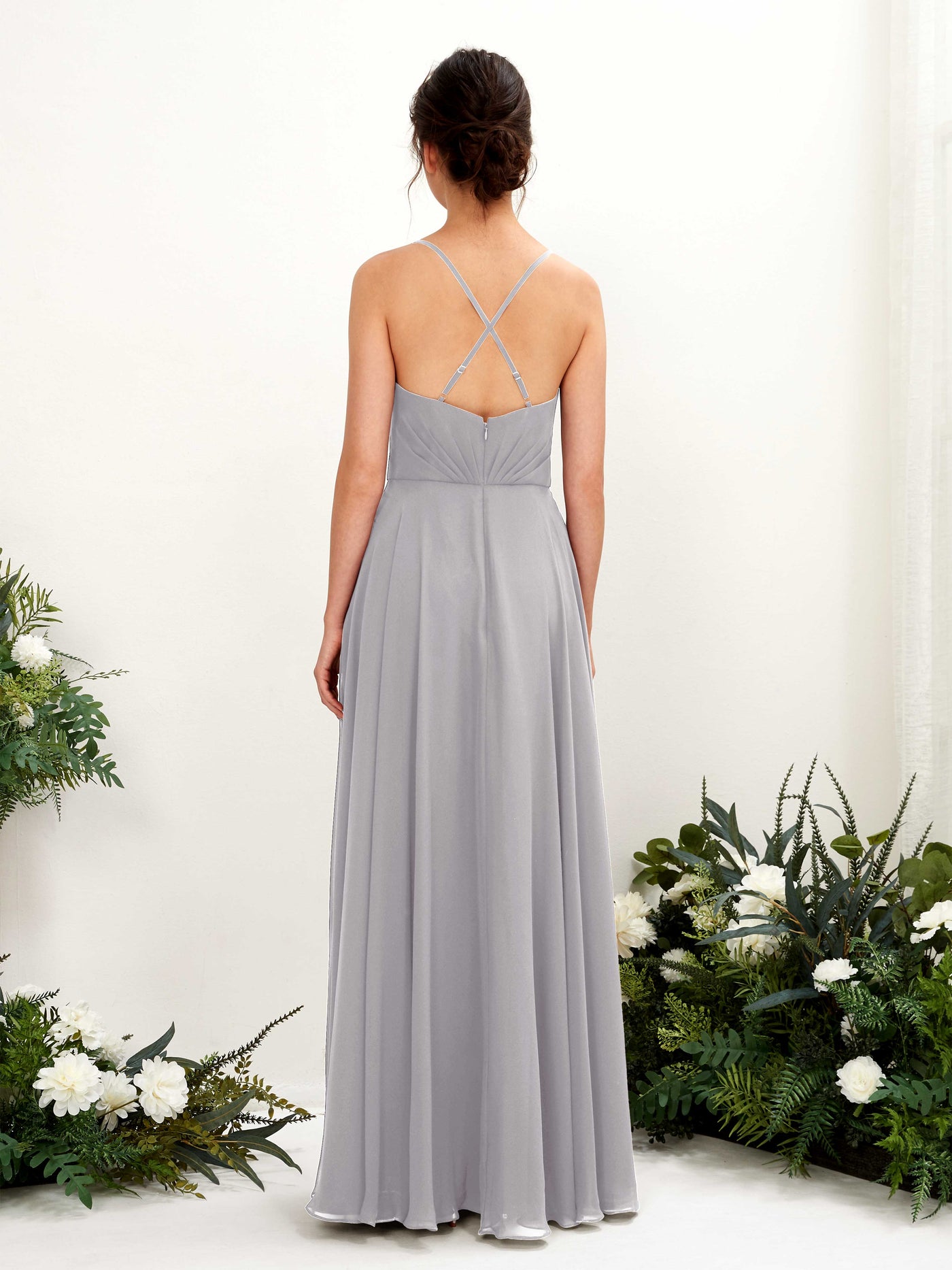 Carlyna Vestido de línea A escote en V con tirantes finos hasta el suelo vestido de dama de honor Gris Paloma #color_gris-paloma