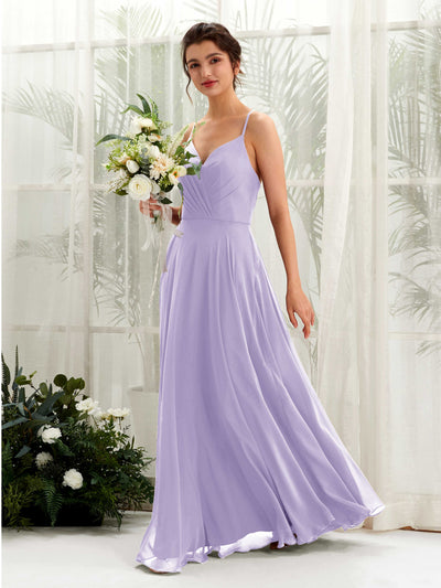 Carlyna Vestido de línea A escote en V con tirantes finos hasta el suelo vestido de dama de honor Lila #color_lila