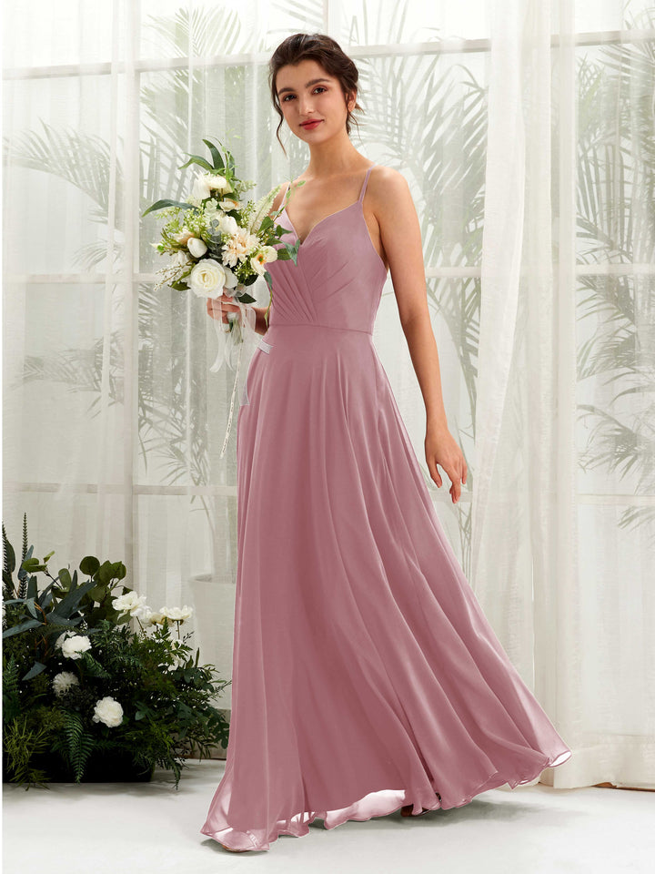 Carlyna Vestido de línea A escote en V con tirantes finos hasta el suelo vestido de dama de honor Malva Clásico 