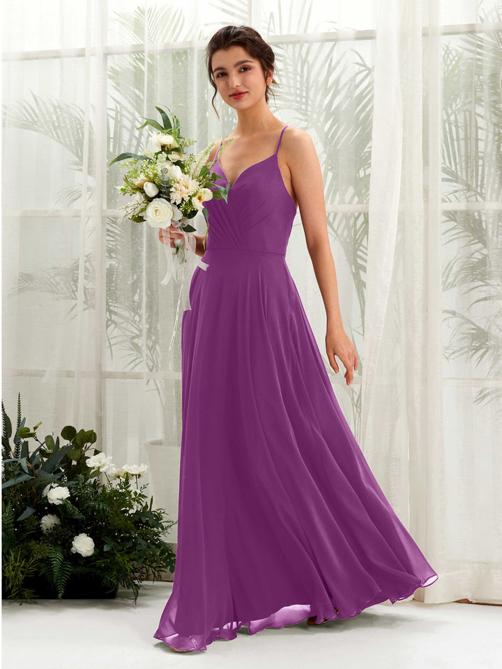 Carlyna Vestido de línea A escote en V con tirantes finos hasta el suelo vestido de dama de honor Púrpura 