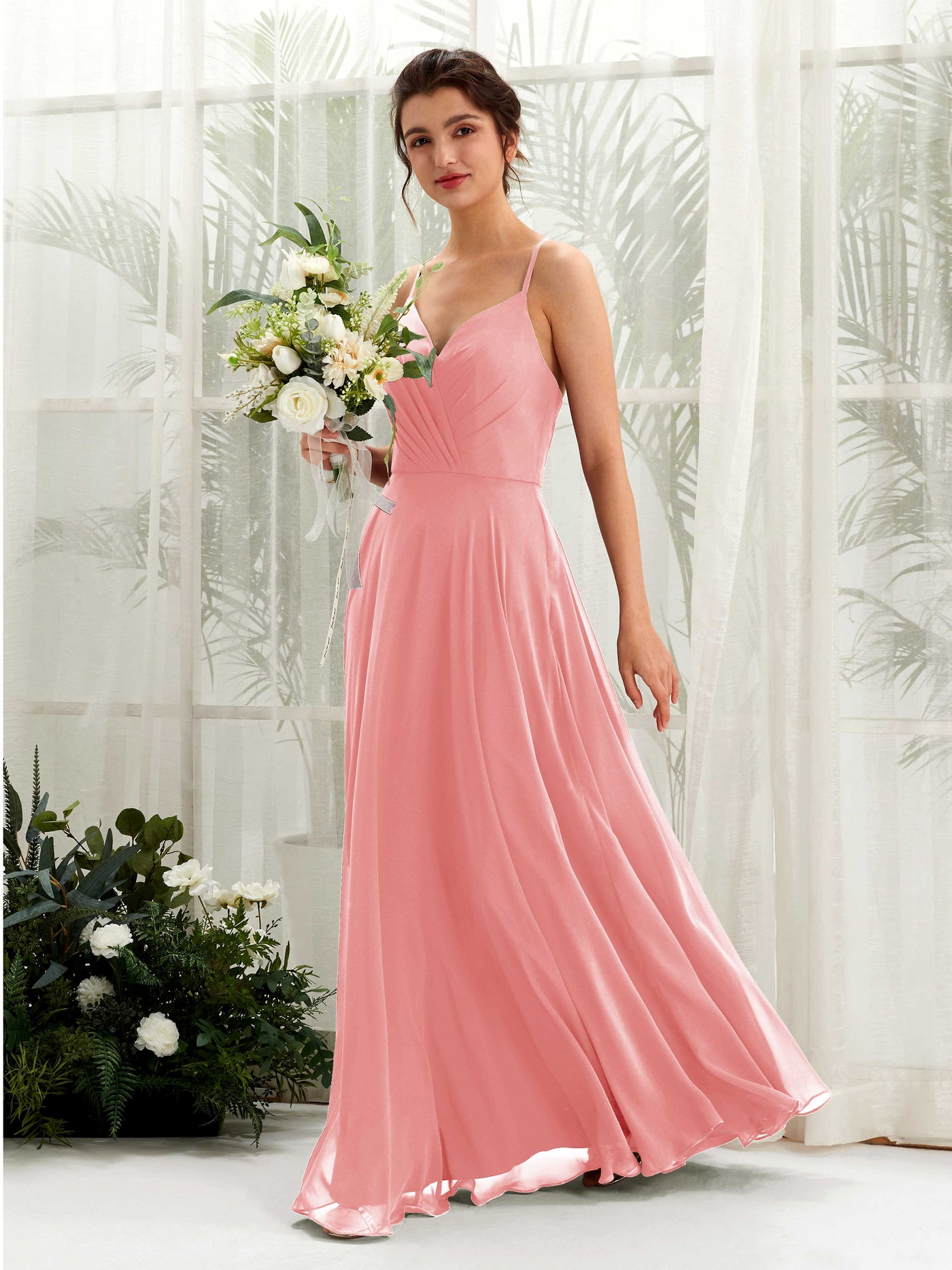 Carlyna Vestido de línea A escote en V con tirantes finos hasta el suelo vestido de dama de honor Rosa Ballet #color_rosa-ballet