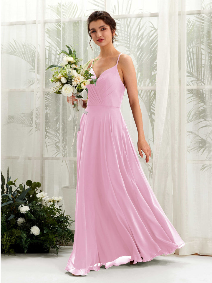 Carlyna Vestido de línea A escote en V con tirantes finos hasta el suelo vestido de dama de honor Rosa Caramelo 